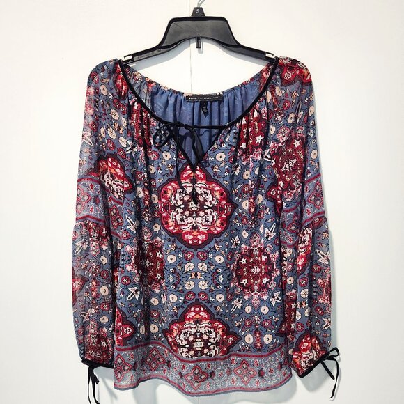 White House Black Market Tops - White House Black Market Boho Floral Print Blue and Burgundy Blouse - Size 6